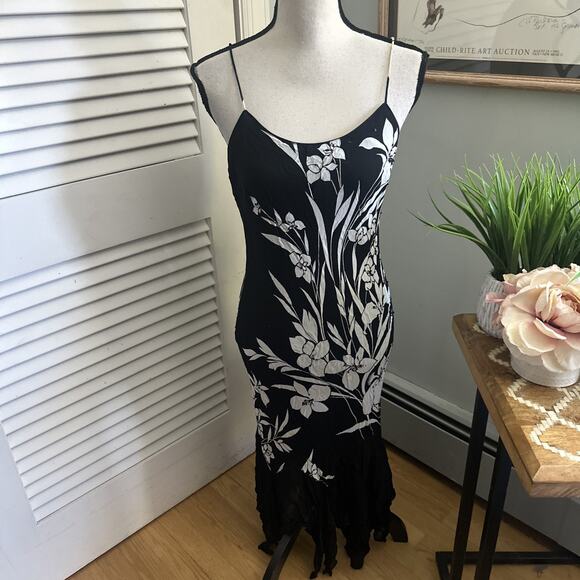 EVA BLUE Dress Womens 10 Black Floral Strappy Midi Asymmetric Fairy Grunge Y2K - Picture 1 of 11
